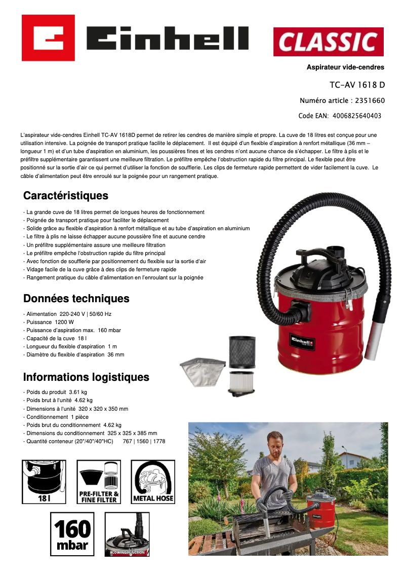 Page n°1 - Fiche technique Einhell TC-AV 1618 D