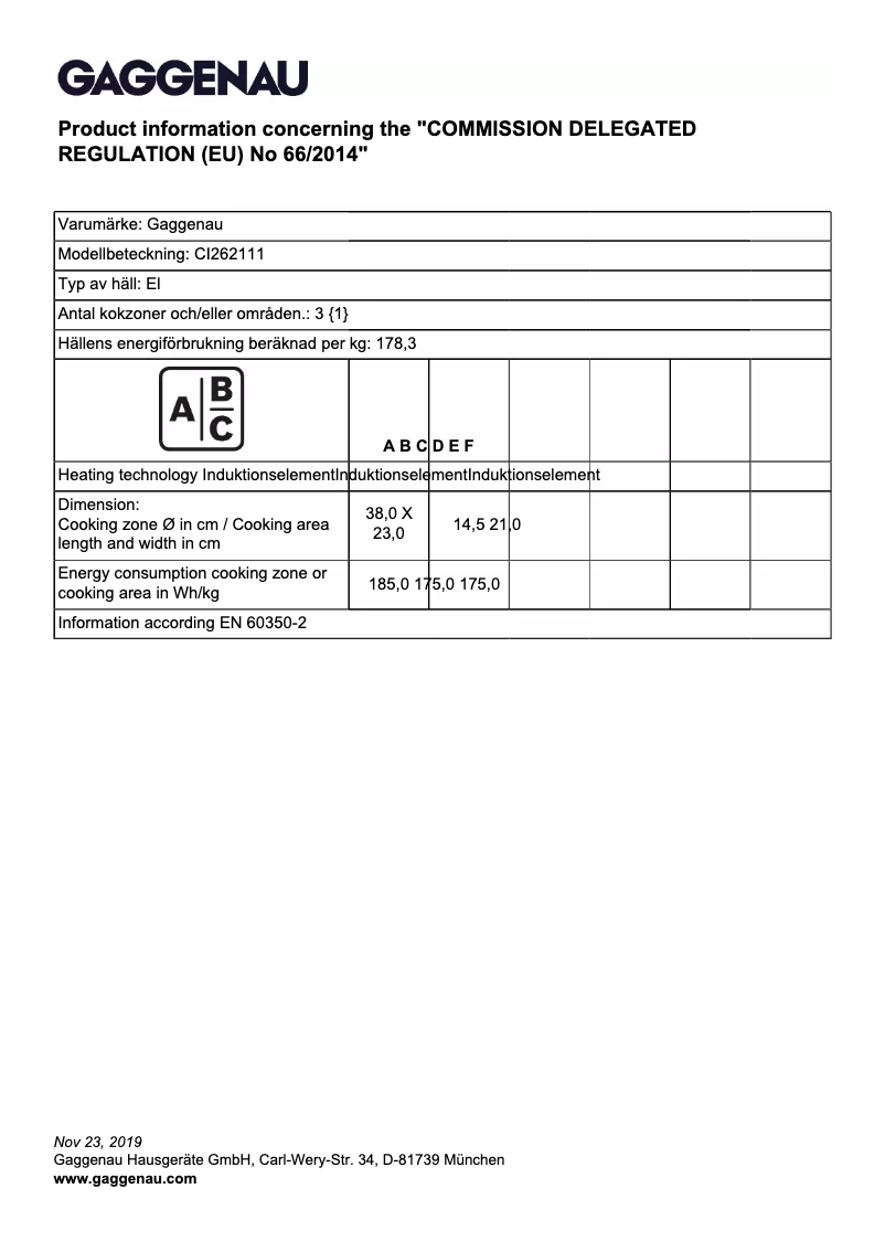 Page 1 de la notice Fiche technique Gaggenau CI262111