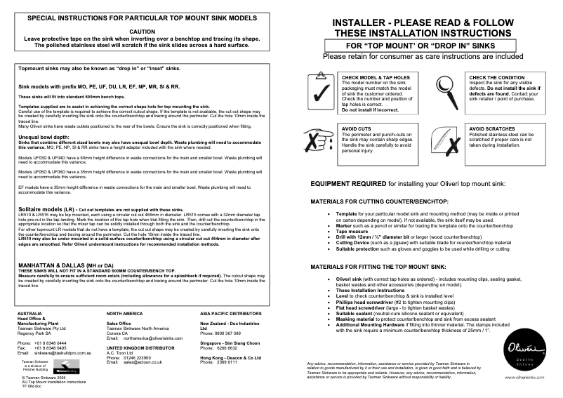 Page n°1 - Guide d'installation Oliveri PR1181