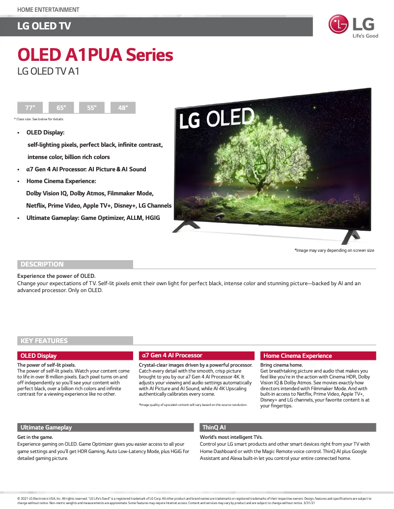 Page 1 of the manual Technical Sheet LG OLED55A1PUA