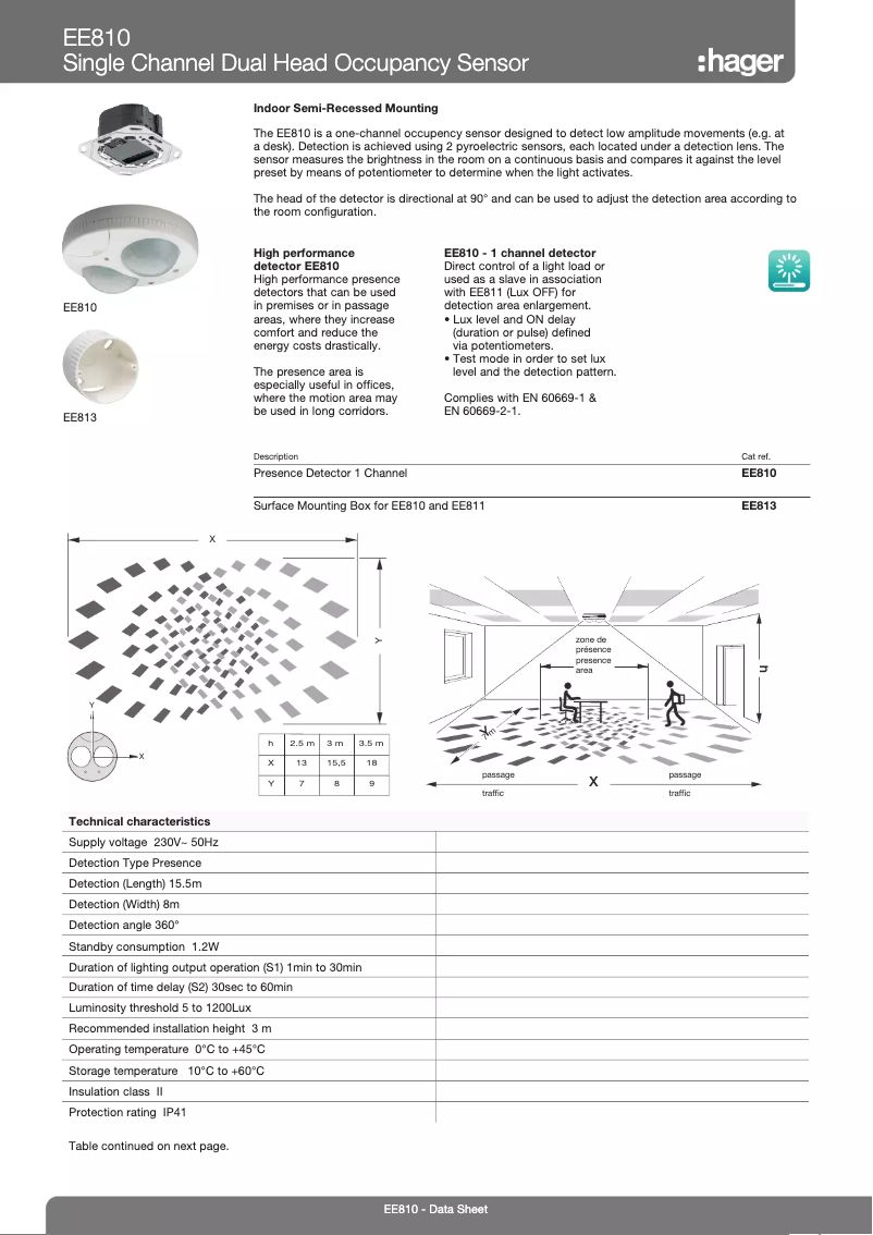 Page 1 de la notice Fiche technique Hager EE810