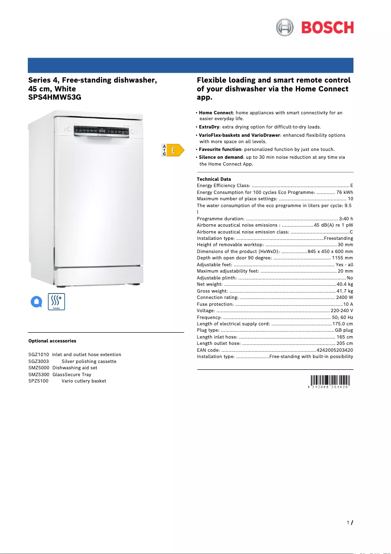 Page n°1 - Fiche technique Bosch SPS4HMW53G