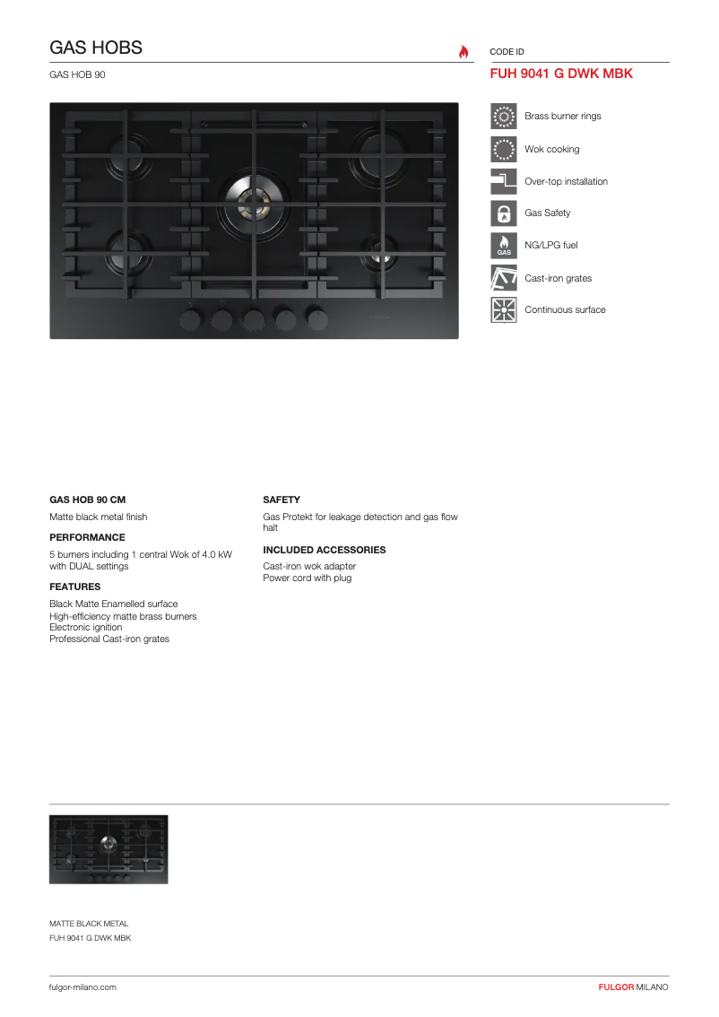 Page 1 de la notice Fiche technique Fulgor Milano FUH 9041 G DWK MBK