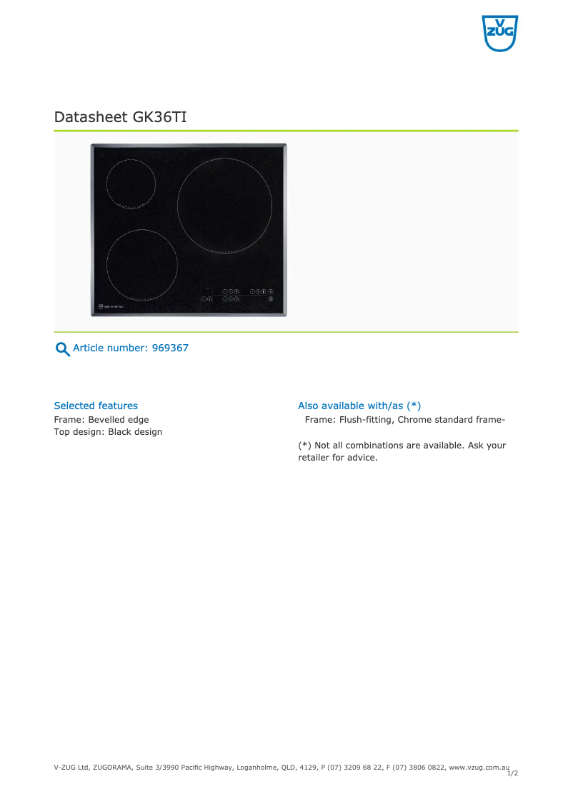 Page 1 de la notice Fiche technique V-Zug GK36TI