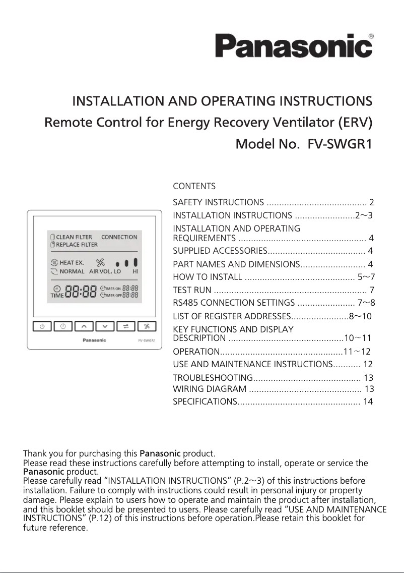 Image de la première page du manuel de l'appareil FV-SWGR1