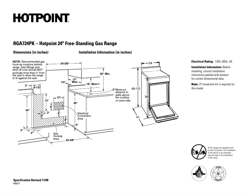 Page 1 de la notice Fiche technique Hotpoint RGA724PKWH