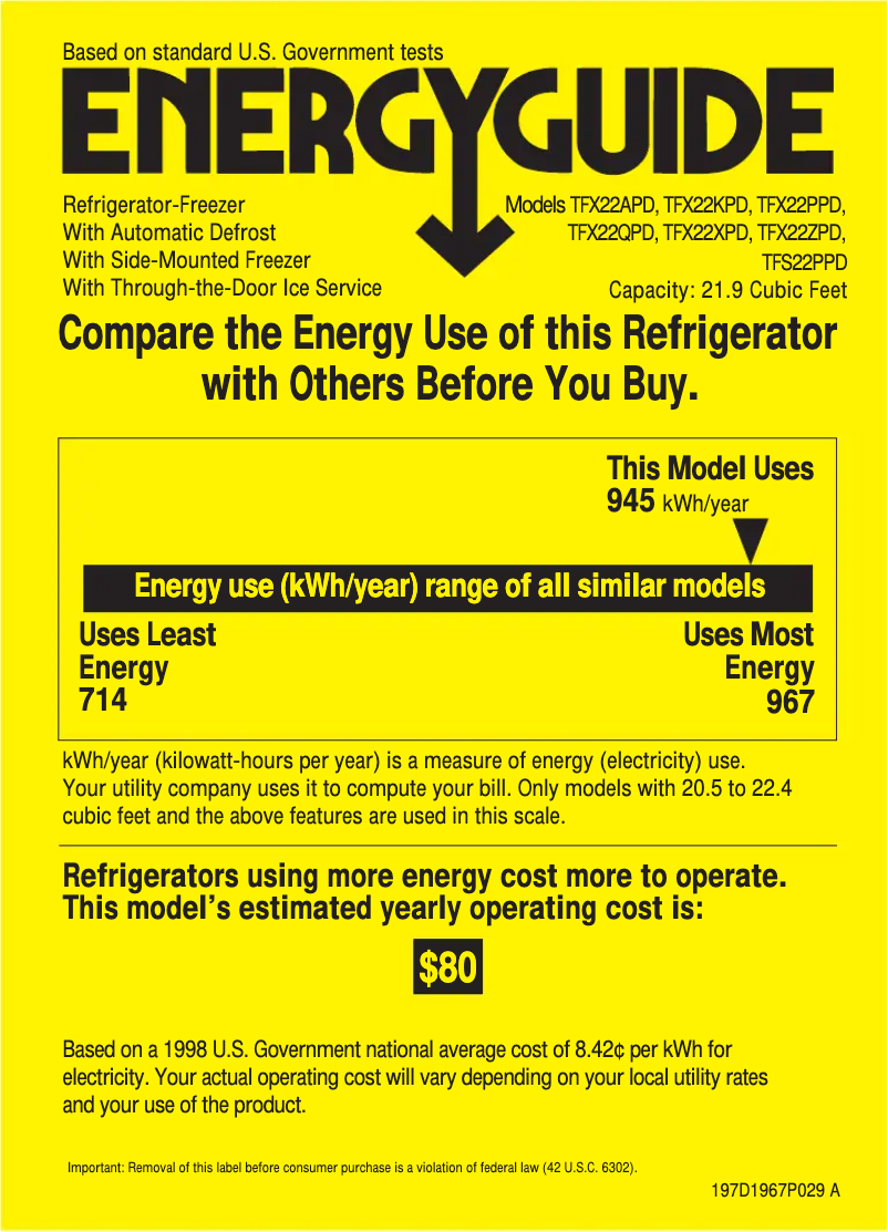 Page 1 de la notice Label énergétique GE Profile Performance TFX22PPDWW