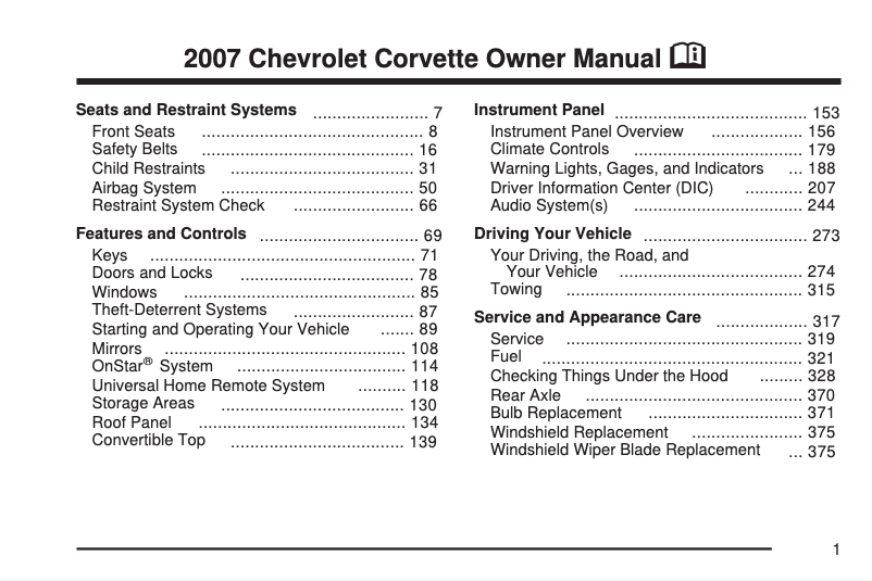 Page 1 de la notice Manuel utilisateur Chevrolet Corvette (2007)