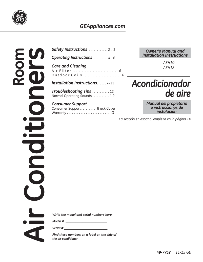 Page n°1 - Guide d'installation GE AEH10AP