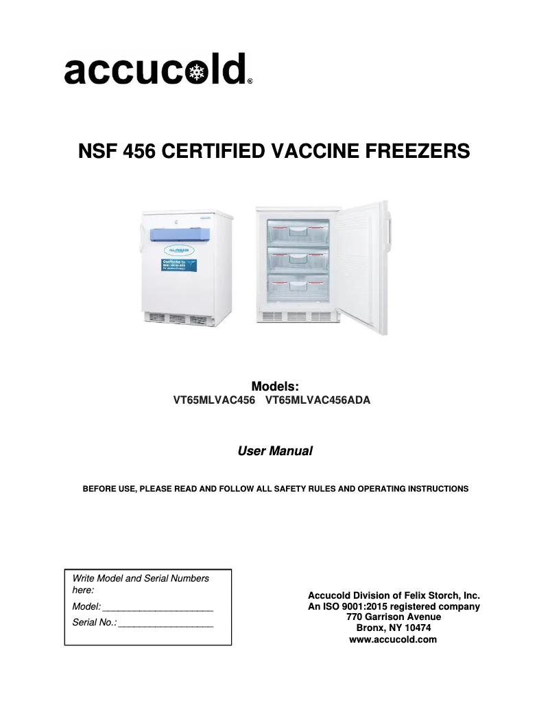Page n°1 - Manuel utilisateur Accucold VT65MLVAC456