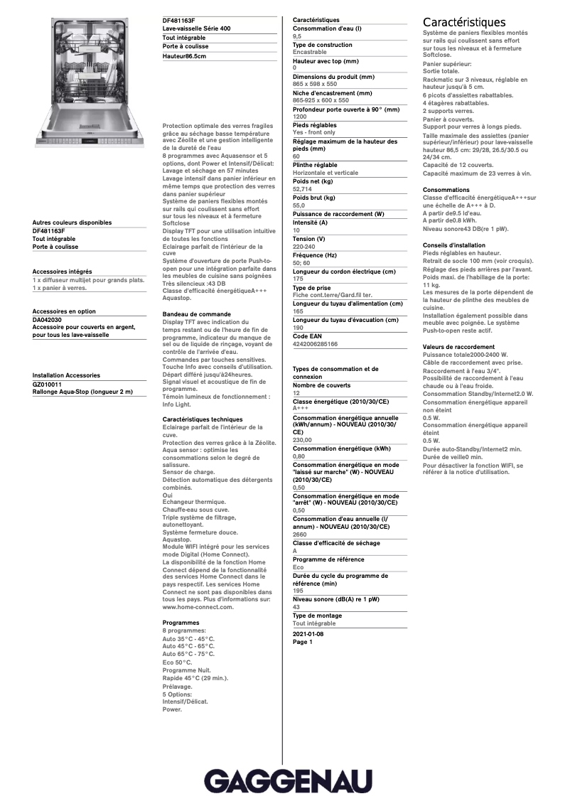 Page 1 de la notice Fiche technique Gaggenau DF481163F