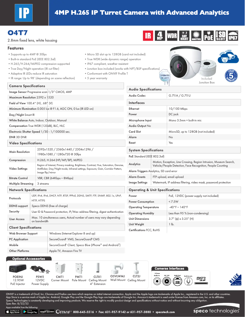 Page 1 de la notice Fiche technique Speco Technologies O4T7