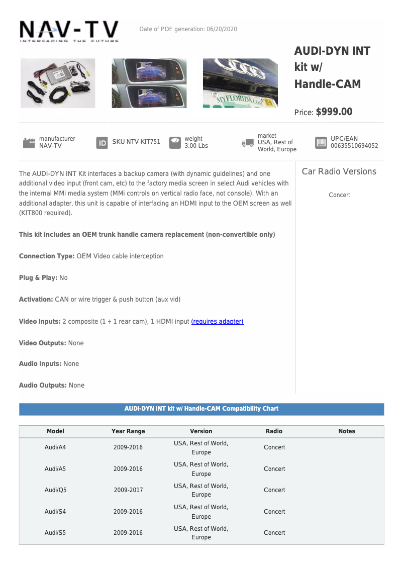 Page n°1 - Fiche technique NAV-TV NTV-KIT751