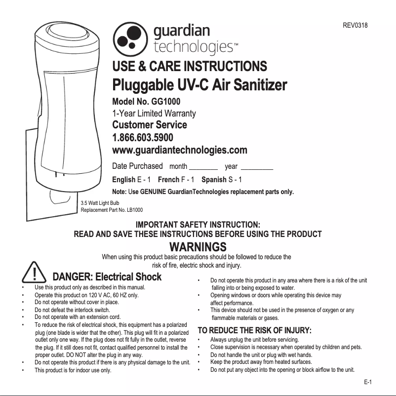 Page 1 de la notice Manuel utilisateur Guardian GG1000