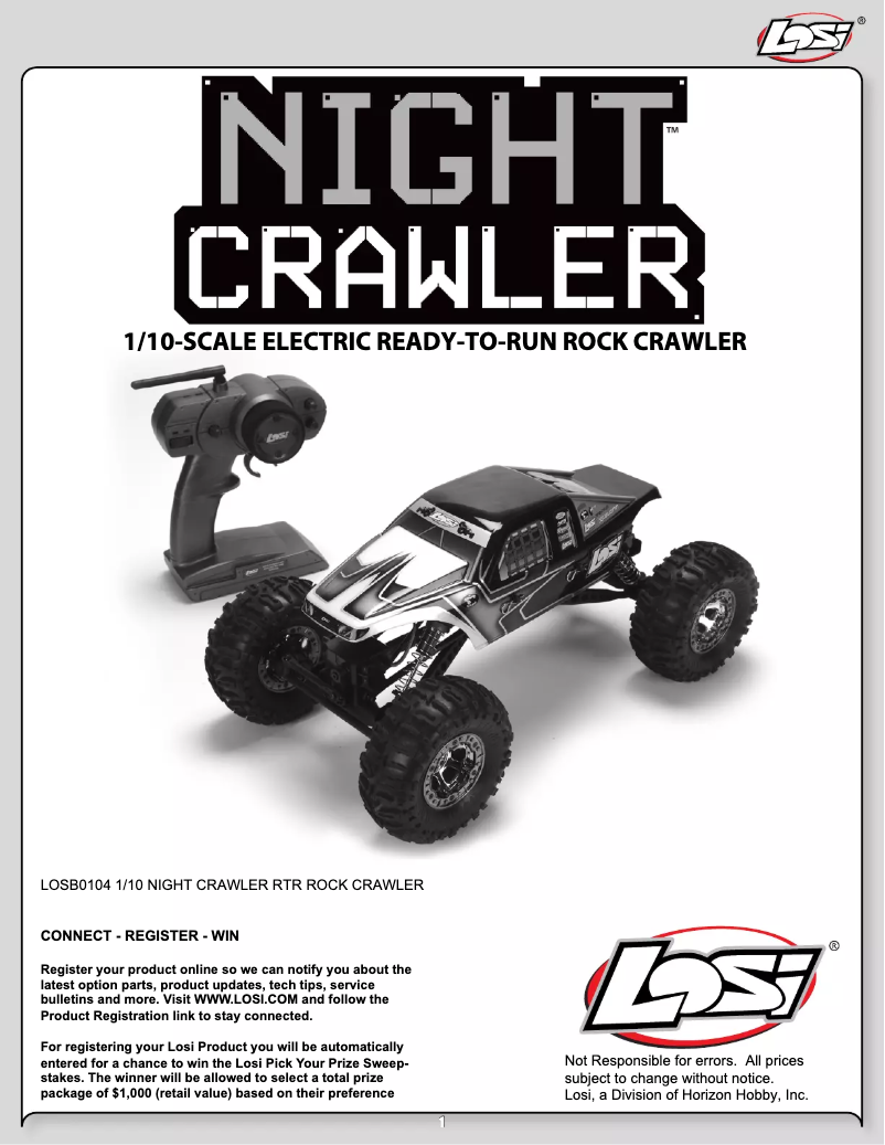Page 1 de la notice Manuel utilisateur Losi 1/10 Night Crawler RTR
