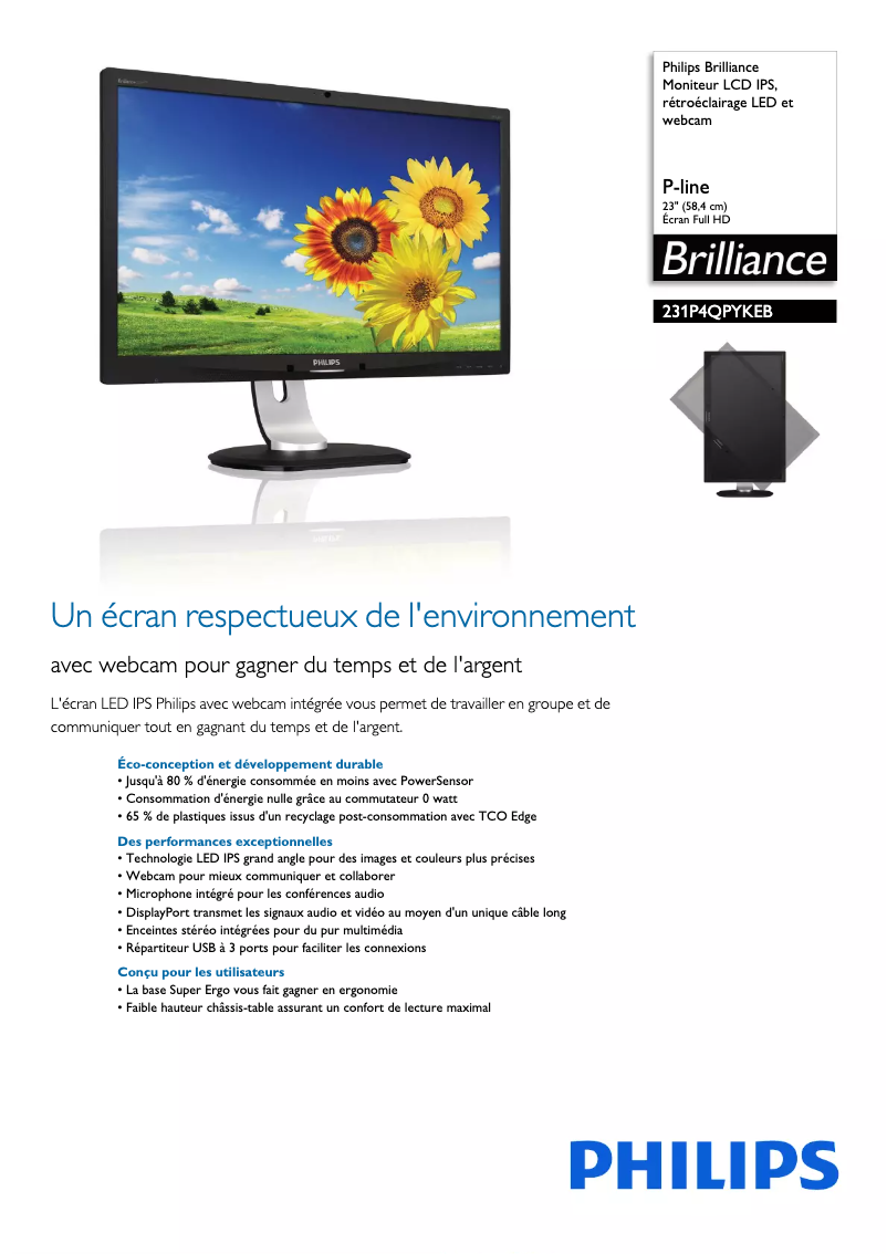 Page 1 de la notice Fiche technique Philips Brilliance 231P4QPYKEB