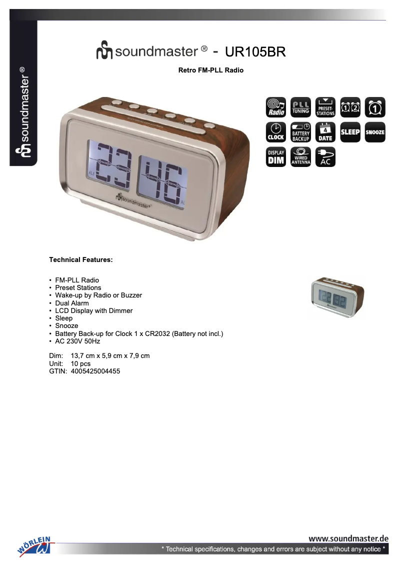 Page n°1 - Fiche technique Soundmaster UR105BR