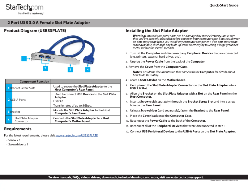 Page 1 de la notice Guide de démarrage rapide StarTech.com USB3SPLATE