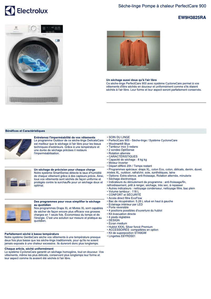 Page 1 de la notice Fiche technique Electrolux EW9H3825RA