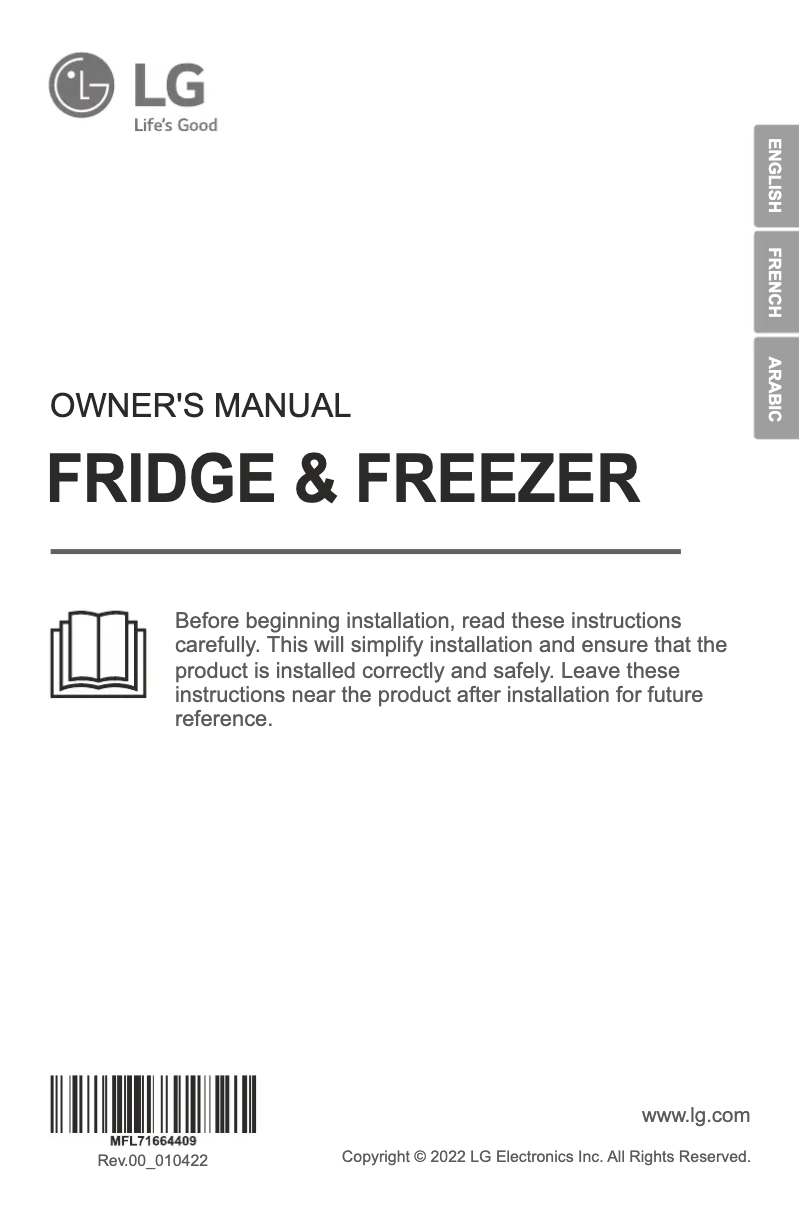 Page 1 de la notice Manuel utilisateur LG GR-B392PLGB