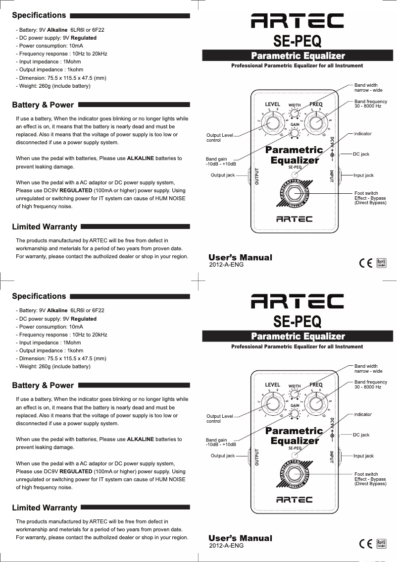 Page n°1 - Manuel utilisateur Artec Parametric EQ