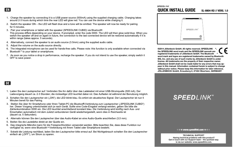 Page 1 de la notice Manuel utilisateur Speed-Link Cubid SL-8904-RD
