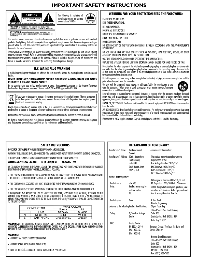 Page 1 de la notice Instructions de sécurité DBX 580