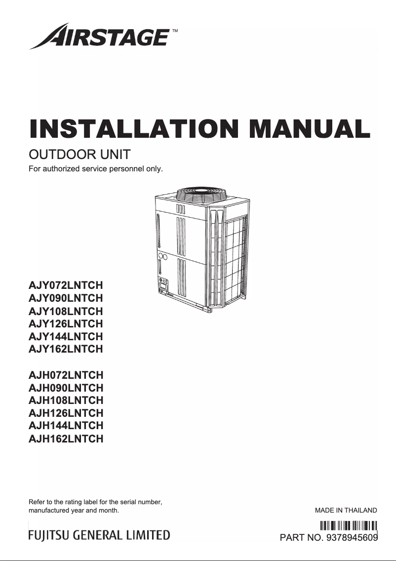 Image de la première page du manuel de l'appareil Airstage AJY108LNTCH