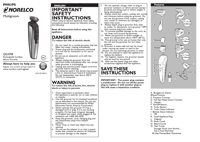 Page 1 de la notice Manuel utilisateur Philips QG3398
