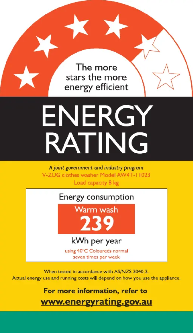 Page 1 de la notice Label énergétique V-Zug AdoraWash V4000 OptiDos