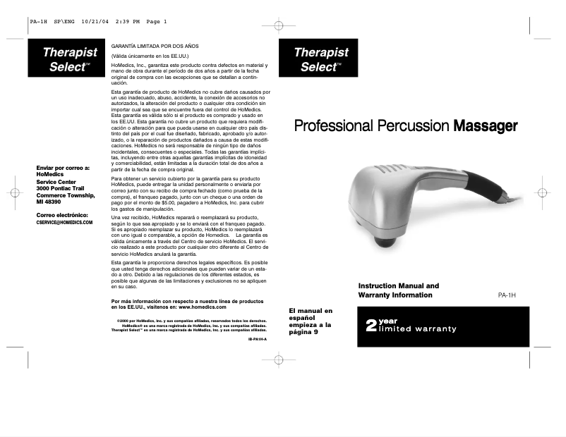 Page 1 de la notice Manuel utilisateur Homedics PA-1H