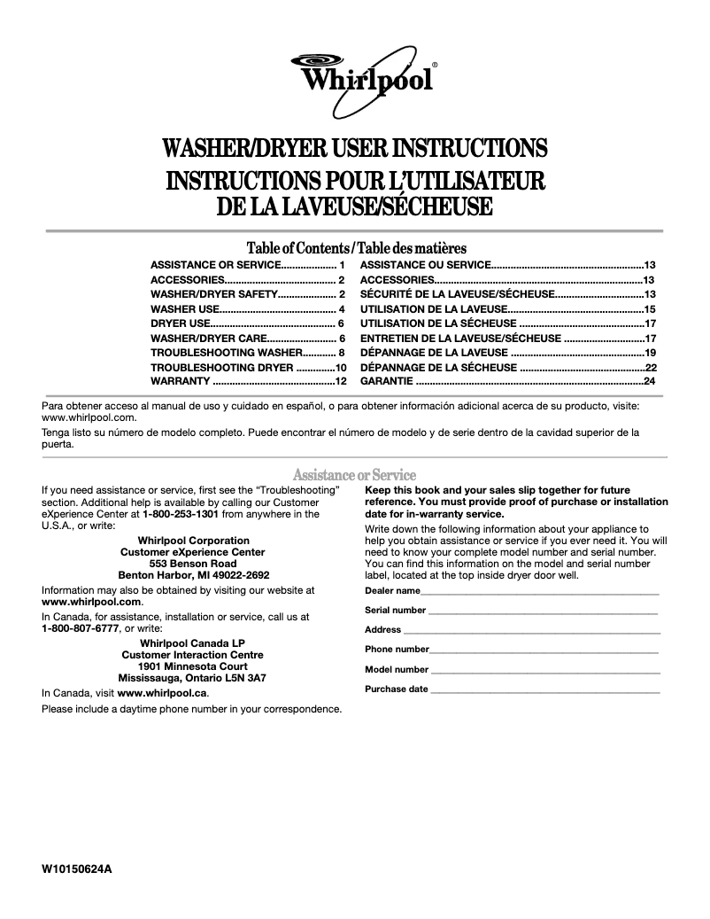 Página 1 del manual Manual de usuario Whirlpool WGT3300SQ