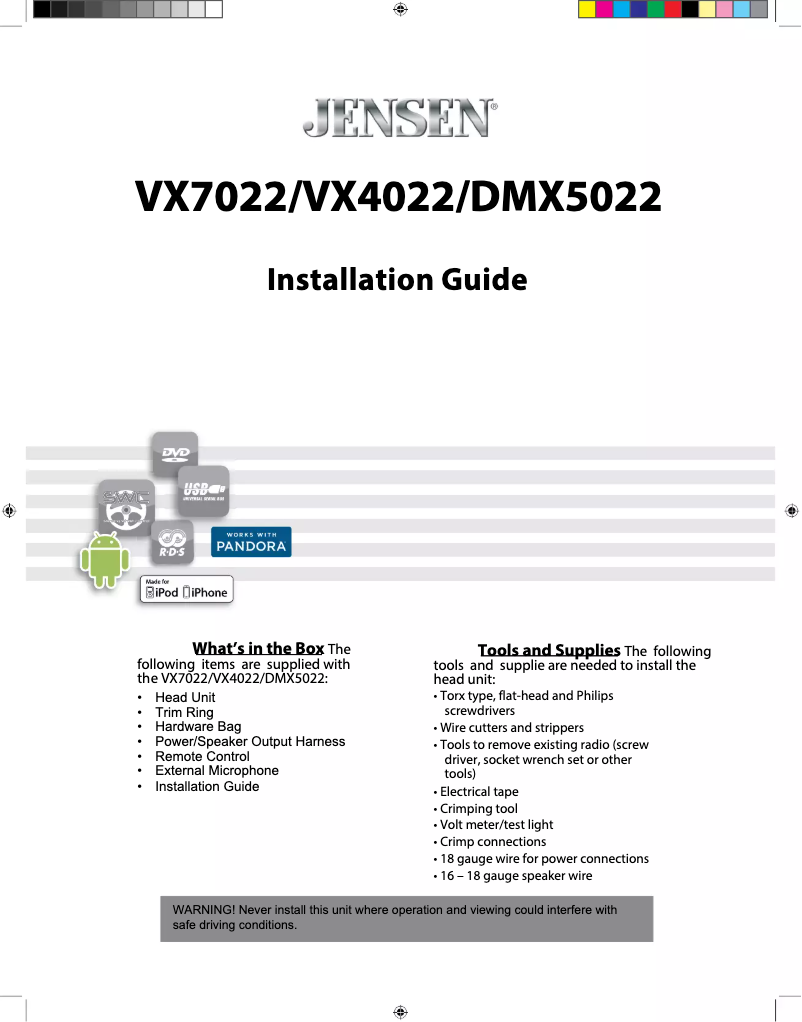 Page 1 de la notice Guide d'installation Jensen VX4022