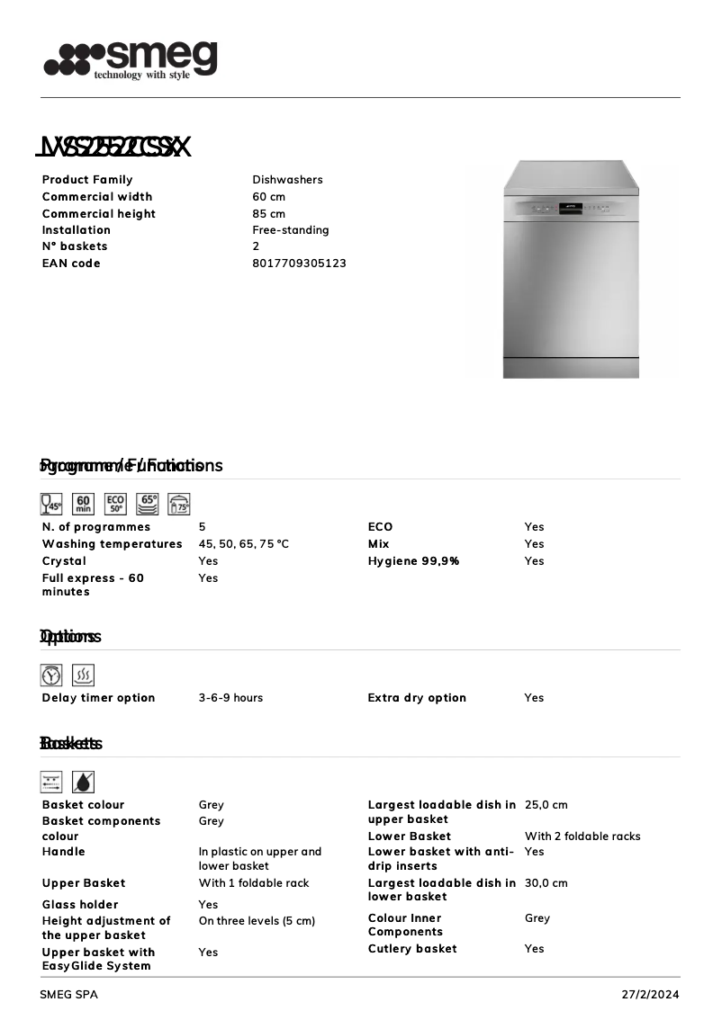 Page n°1 - Fiche technique Smeg LVS252CSX