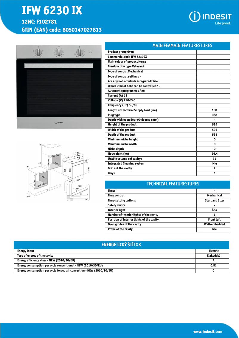 Page 1 de la notice Fiche technique Indesit IFW 6230 IX