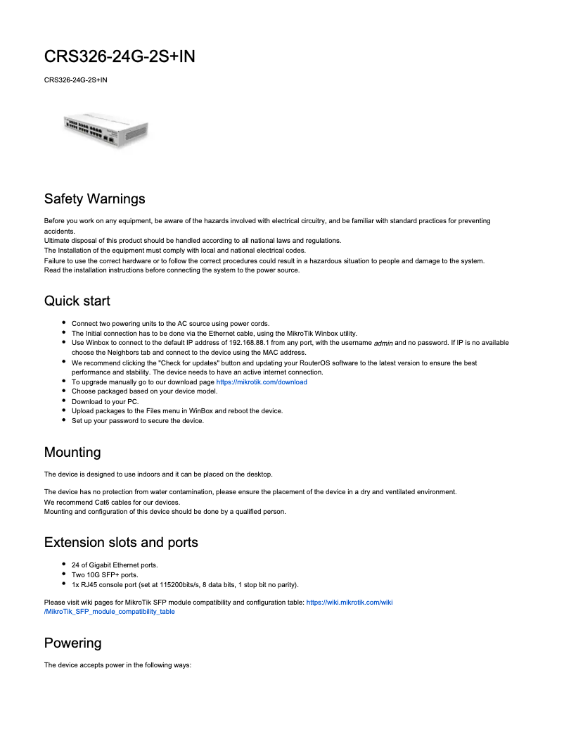 Page 1 de la notice Manuel utilisateur Mikrotik CRS326-24G-2S+IN