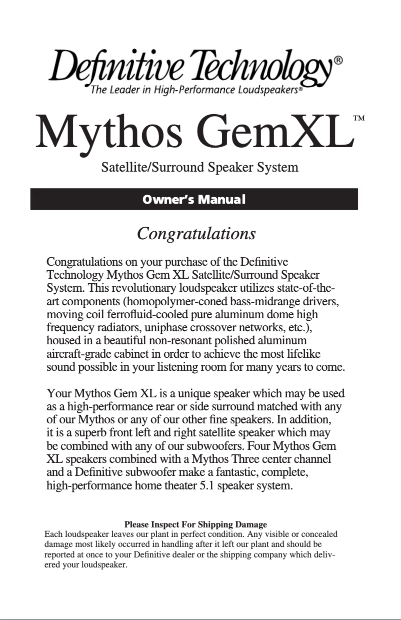 Page 1 de la notice Manuel utilisateur Definitive Technology Mythos Gem XL
