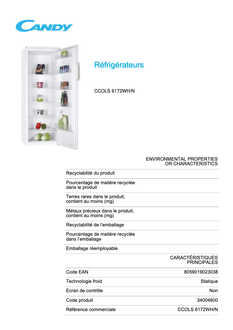 Page n°1 - Fiche technique Candy CCOLS 6172WH/N