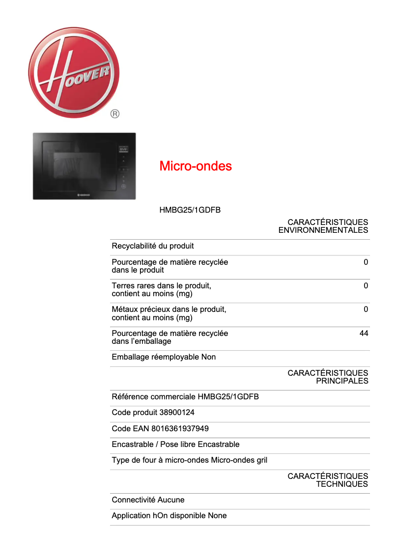 Page n°1 - Fiche technique Hoover HMBG25/1GDFB