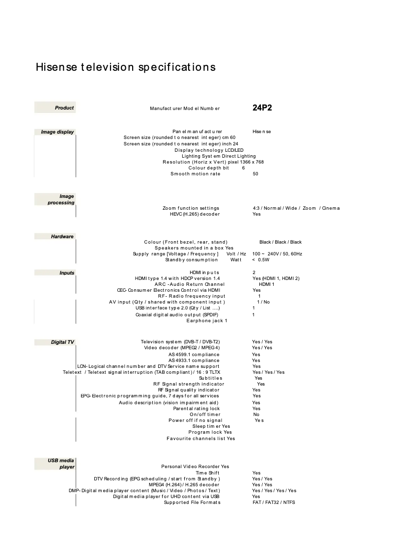 Page 1 de la notice Fiche technique Hisense 24P2