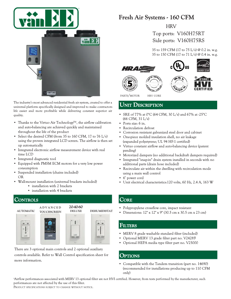 Page 1 de la notice Fiche technique vänEE V160H75RS