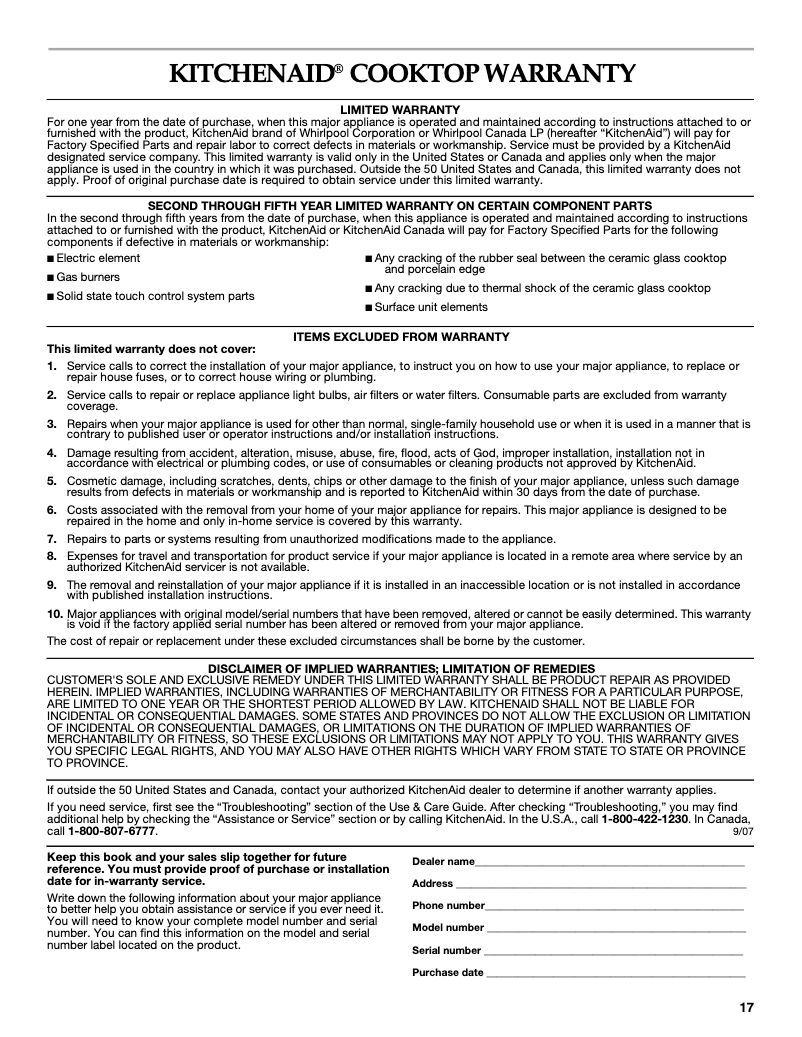 Página 1 del manual Información de garantía KitchenAid KECC056RBL