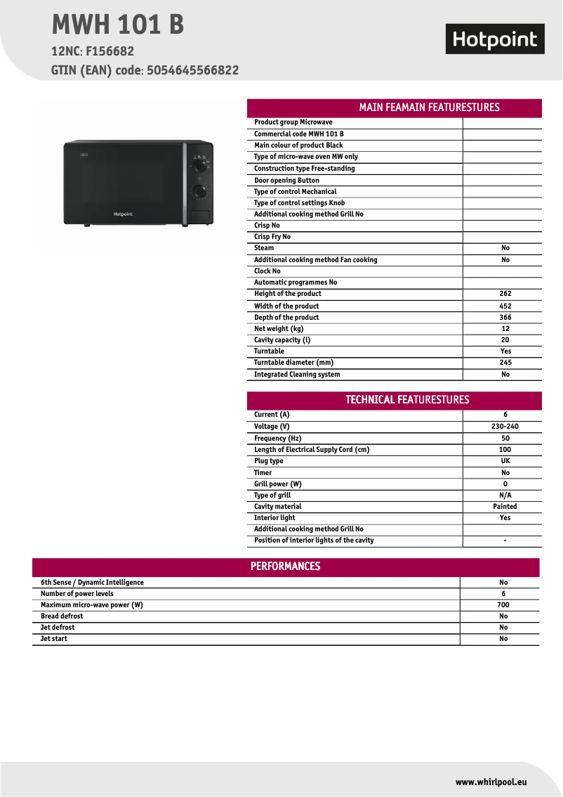 Page 1 de la notice Fiche technique Hotpoint MWH 101 B