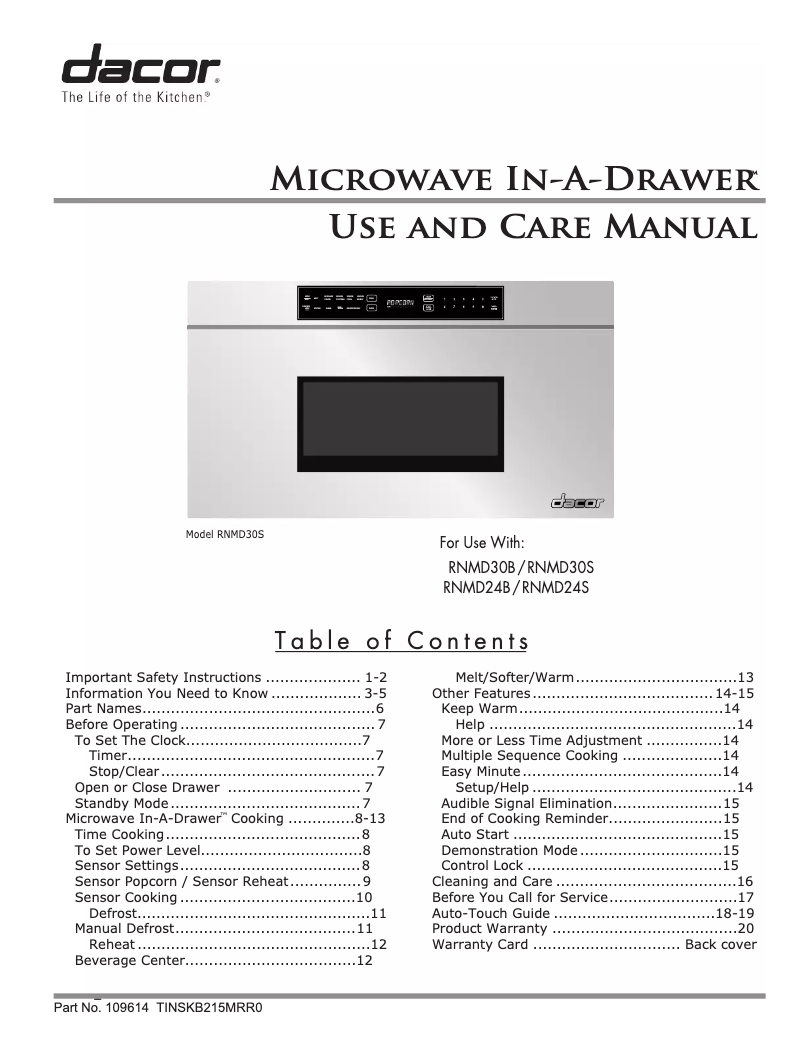 Page n°1 - Manuel utilisateur Dacor RNMD24S