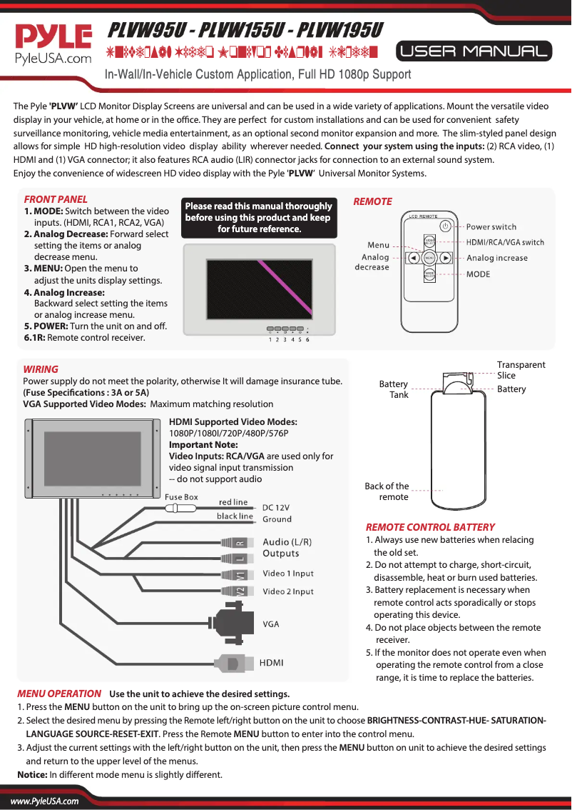 Página 1 del manual Manual de usuario Pyle PLVW95U.5