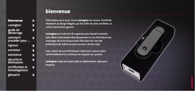 Page 1 de la notice Manuel utilisateur Novero Lexington