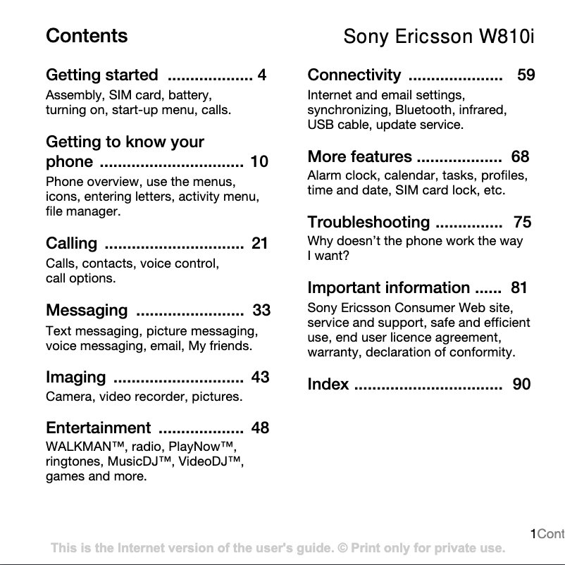 Page 1 de la notice Manuel utilisateur Sony Ericsson W810i