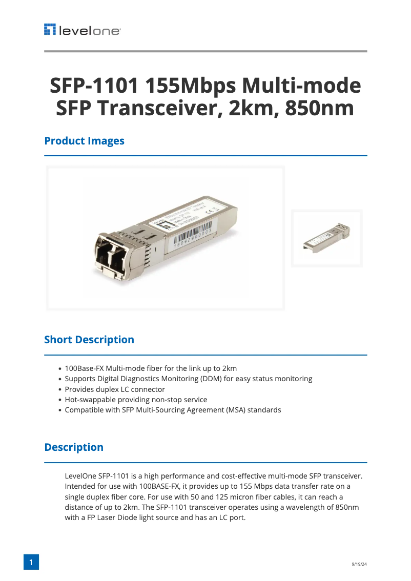 Page n°1 - Fiche technique LevelOne SFP-1101