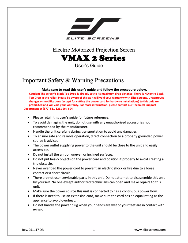 Page 1 de la notice Manuel utilisateur Elite Screens VMAX2 VMAX100UWV2