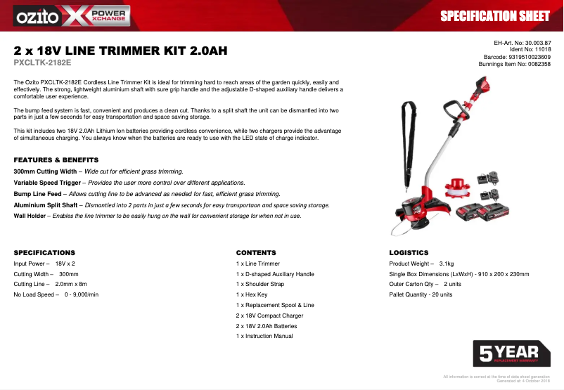 Página 1 del manual Ficha técnica Ozito PXCLTK-2182E